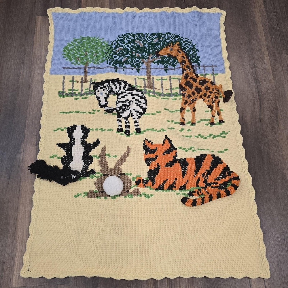 Yellow Knit Vintage Handmade Baby‎ Nursery 3D Tails Animal Throw Blanket 47x36